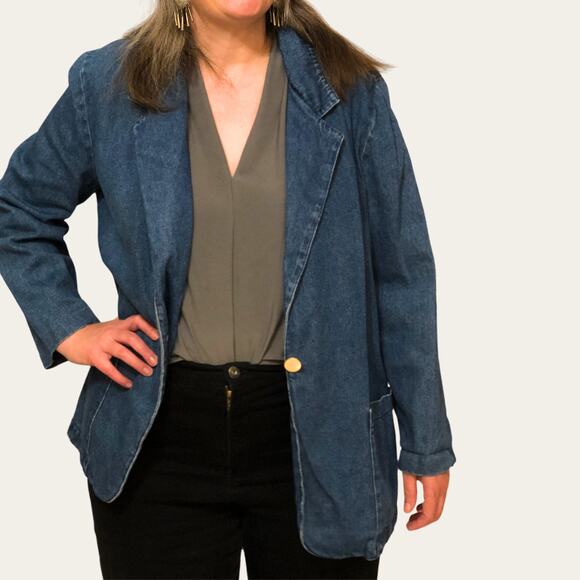 Vintage Jackets & Blazers - Denim Blazer Vintage Single Button Retro Western Office Blue Large Cotton
